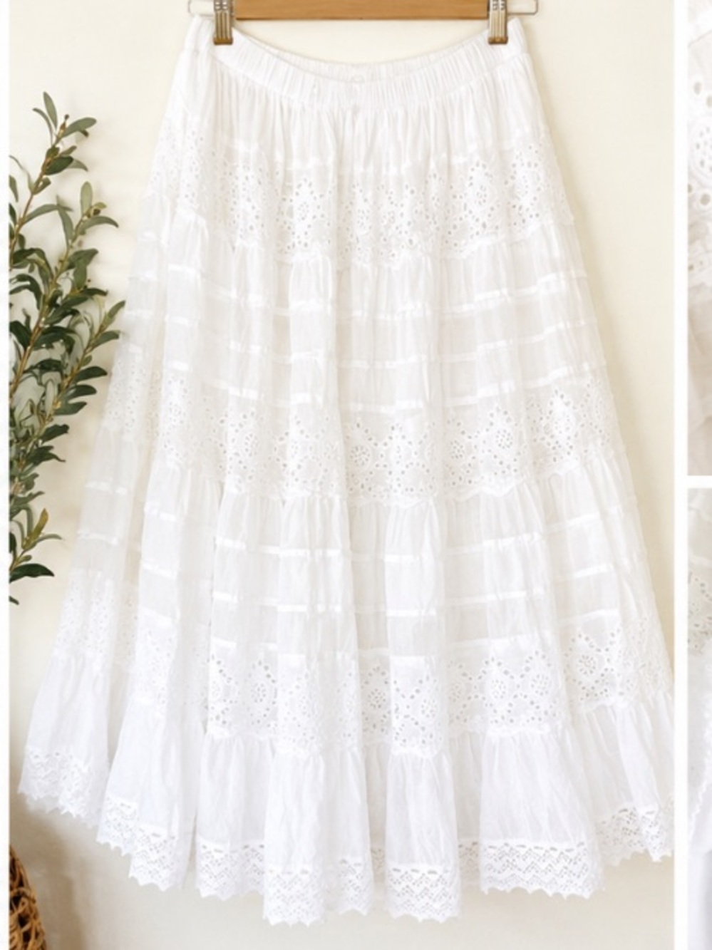 Boho White Eyelet Cotton Midi Skirt XL Prairie Festival Cottagecore